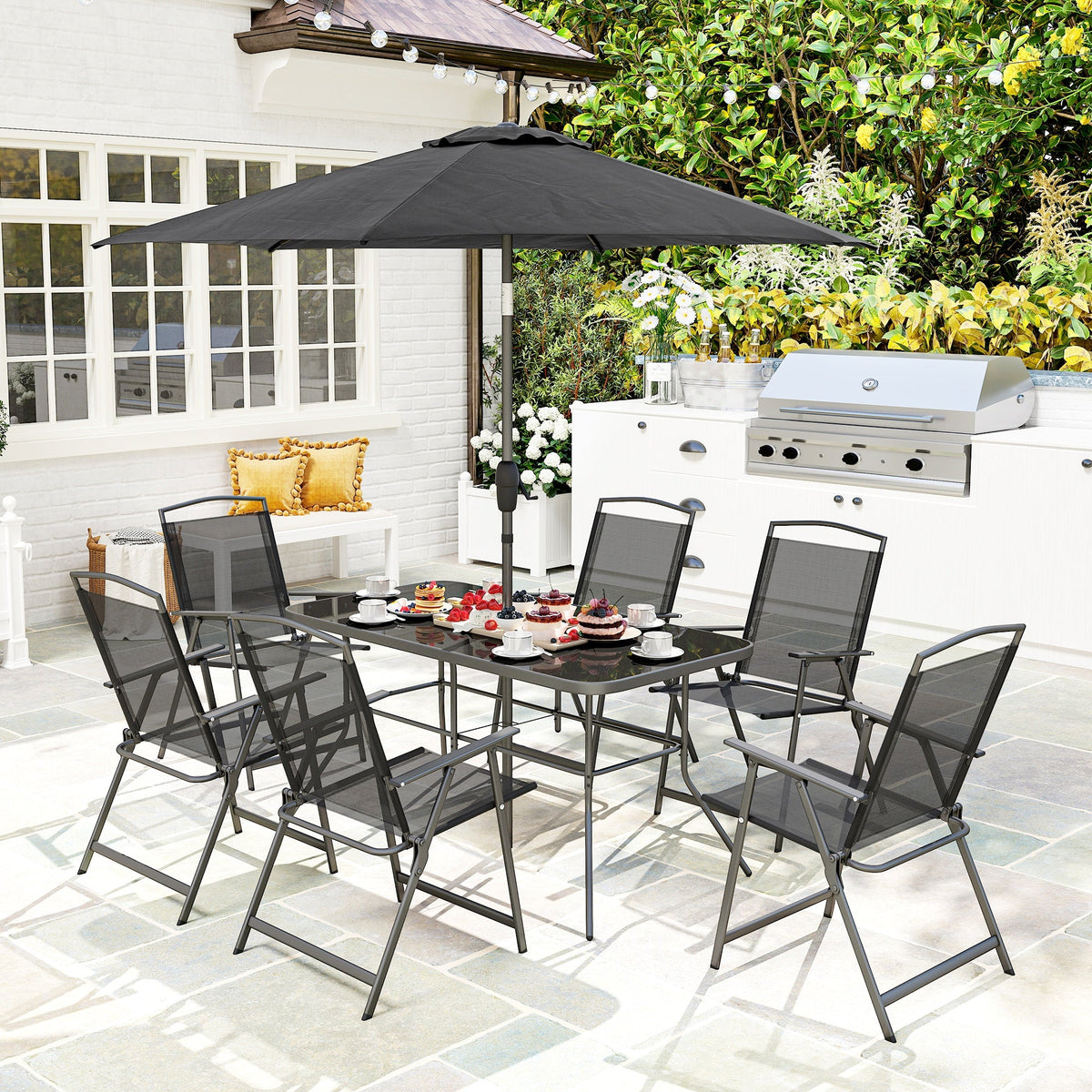 8-Piece Patio Dining Set with Table Umbrella, Black — product view 3