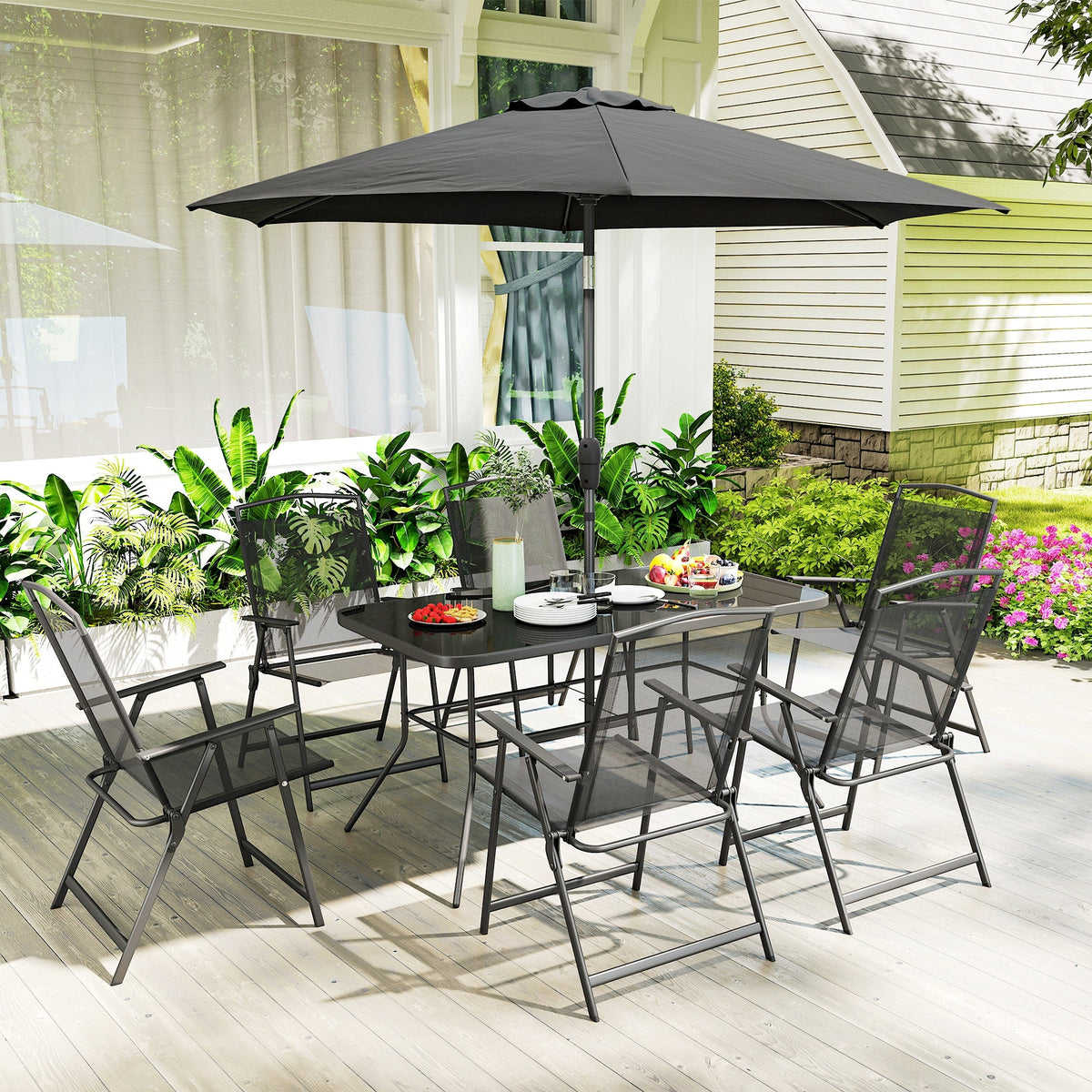 8-Piece Patio Dining Set with Table Umbrella, Black — product view 4