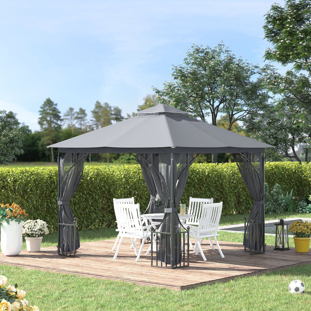 3 x 3m Garden Gazebo with Double Tier Roof & Netting, Light Grey — product view 4