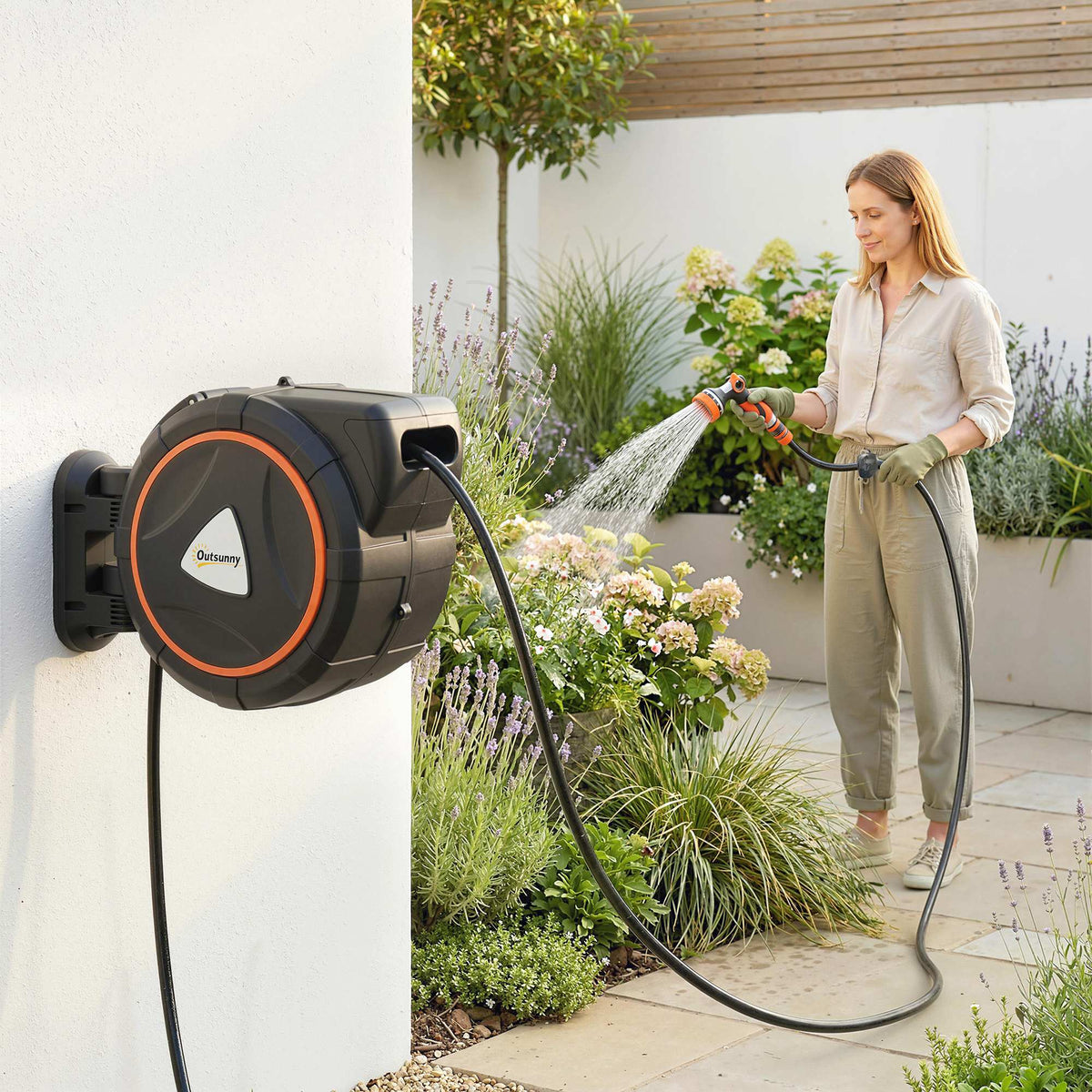23+2m Retractable Wall Hose Reel with Auto Retraction & 12-Pattern Nozzle, Orange — product view 3