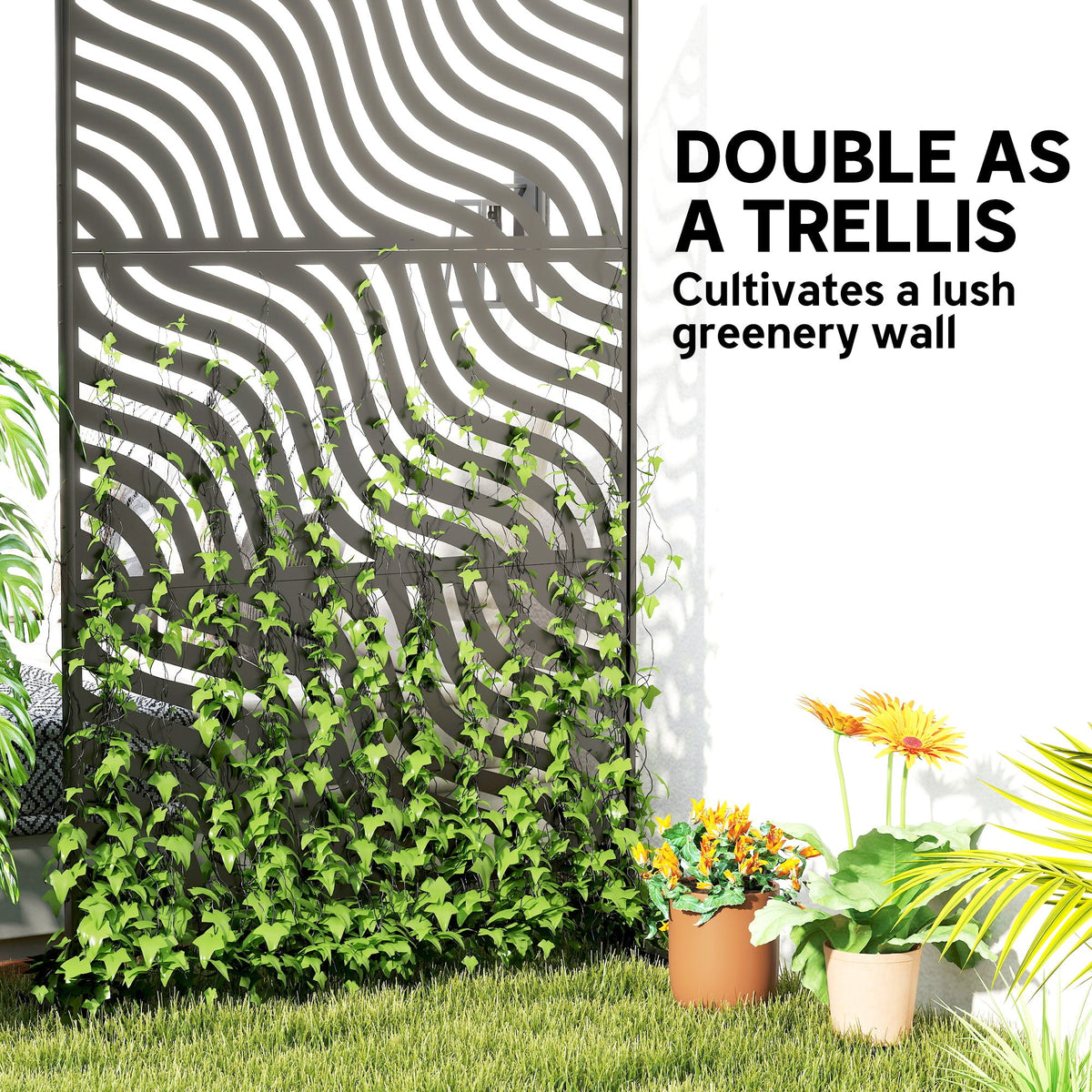 78" x 48" Metal Outdoor Privacy Screen, Ripple Design, Black — product view 7