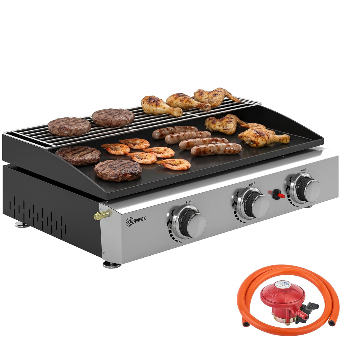 3 Burner Gas Plancha Grill with Warming Rack, 7.5 kW, Black — product view 1