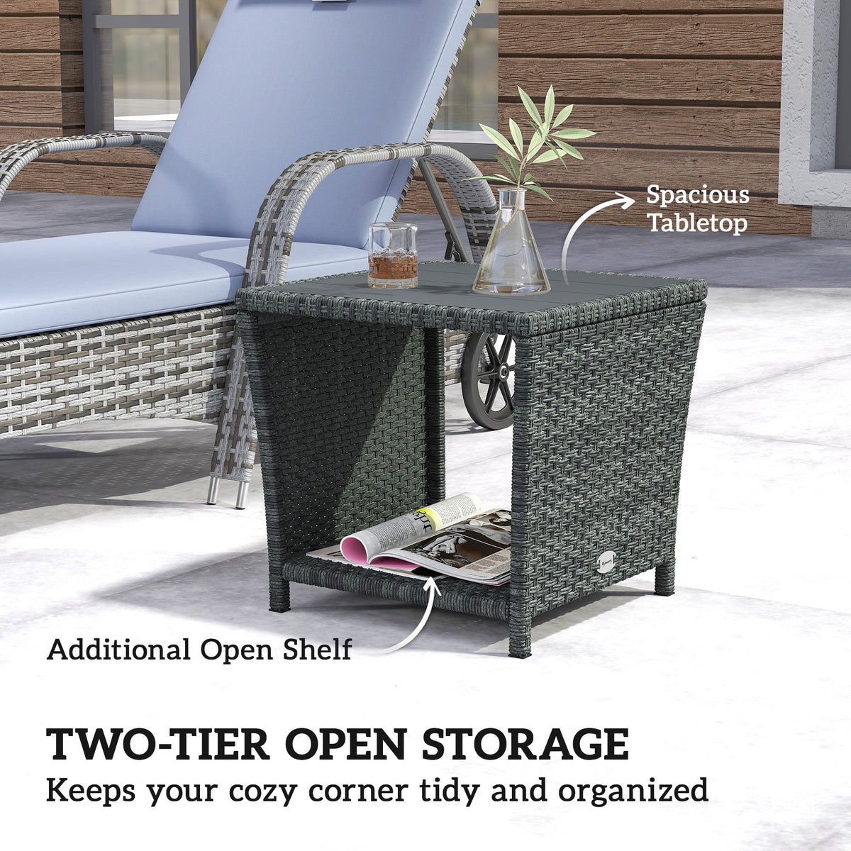 2-Tier PE Rattan Side Table with Storage Shelf, Grey — product view 6