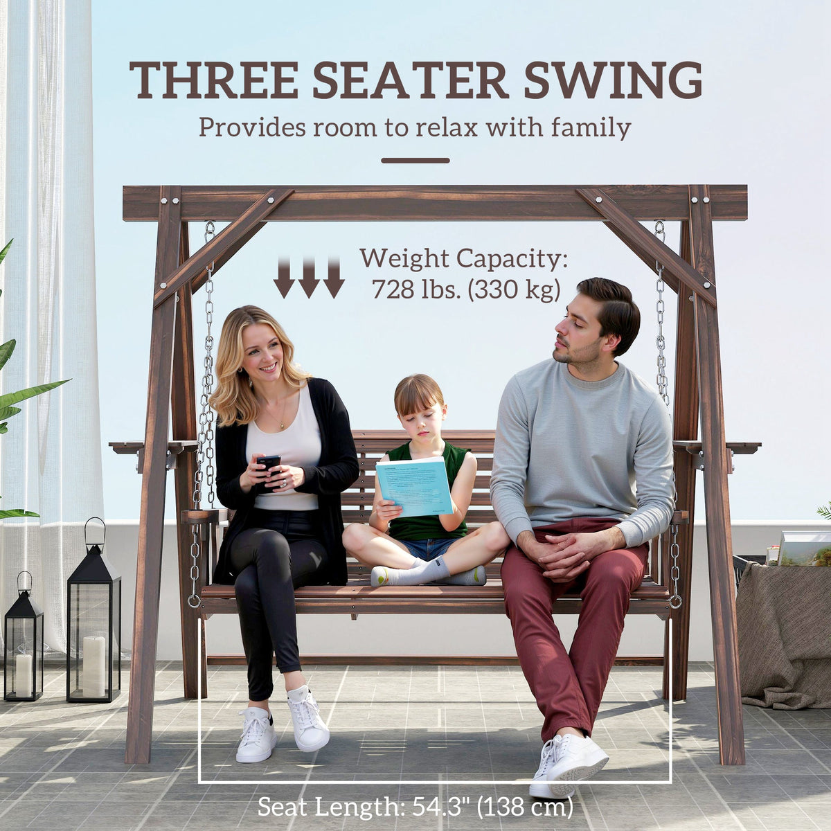 3 Seat Porch Swing with Stand and Side Tables, Carbonized Brown — product view 6