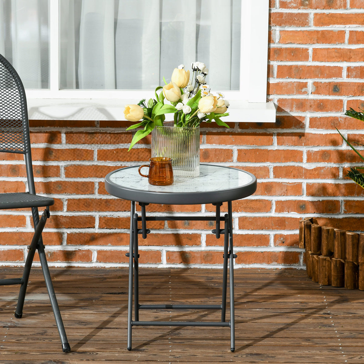 18" Outdoor Round Folding Table with Tempered Glass Top, White — product view 4