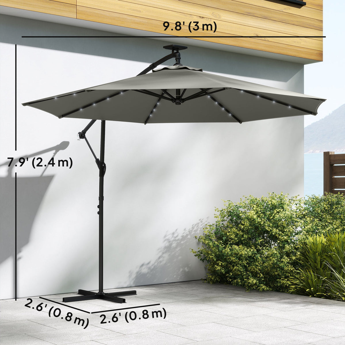 9.7 ft Cantilever Patio Umbrella with Solar LED Light and Cover, Grey — product view 5