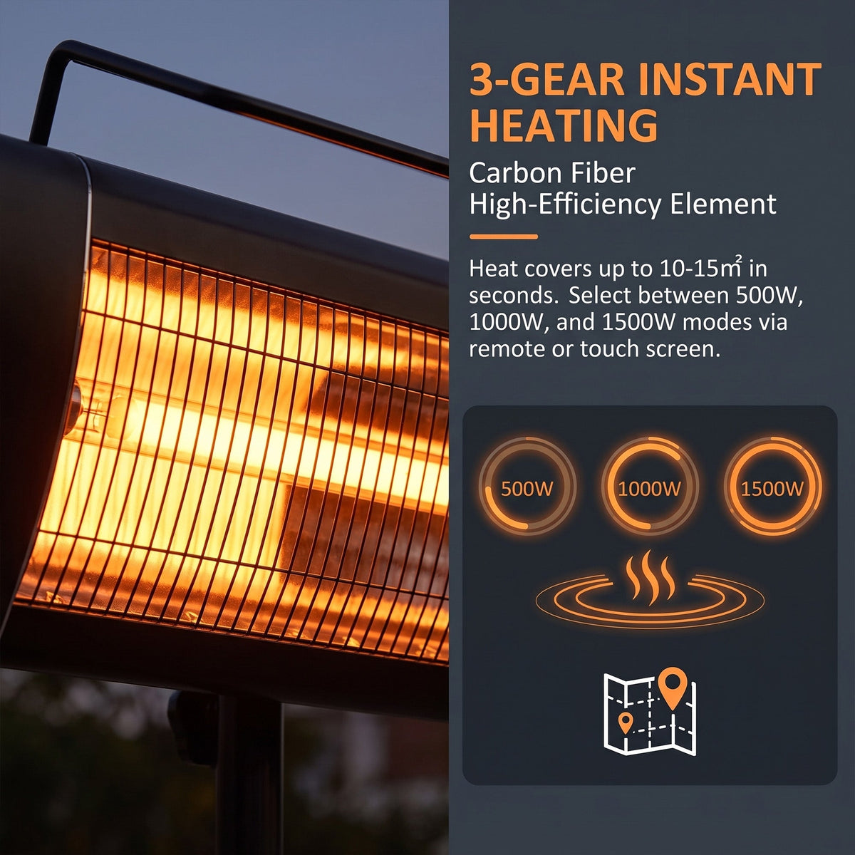 1500W Infrared Standing Patio Heater with Tripod, IP65, 3 Heat Levels, Black — product view 7