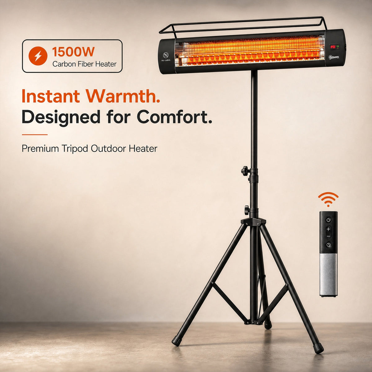 1500W Infrared Standing Patio Heater with Tripod, IP65, 3 Heat Levels, Black — product view 6