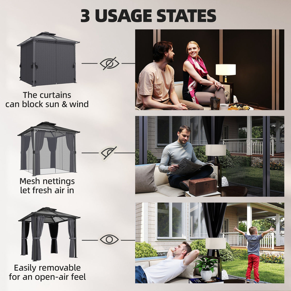 2.5 x 2.5 m Hardtop Gazebo with Double Roof, Netting & Curtains, Dark Grey — product view 7