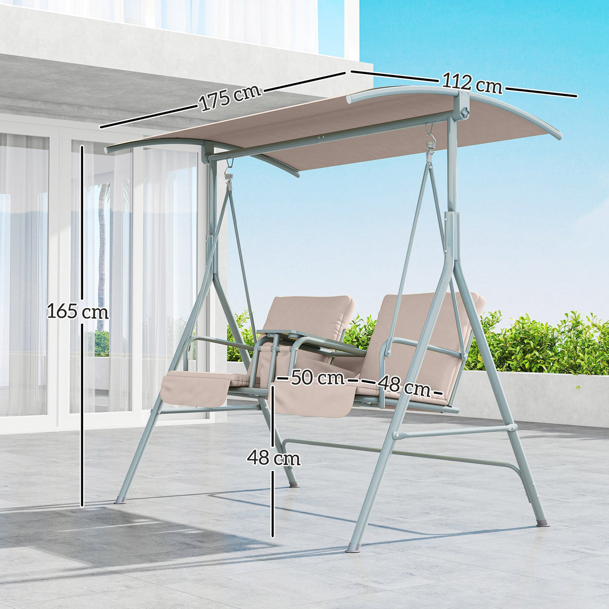 2 Seater Garden Swing Chair with Tilting Canopy, Tray & Storage Bag, Beige — product view 5