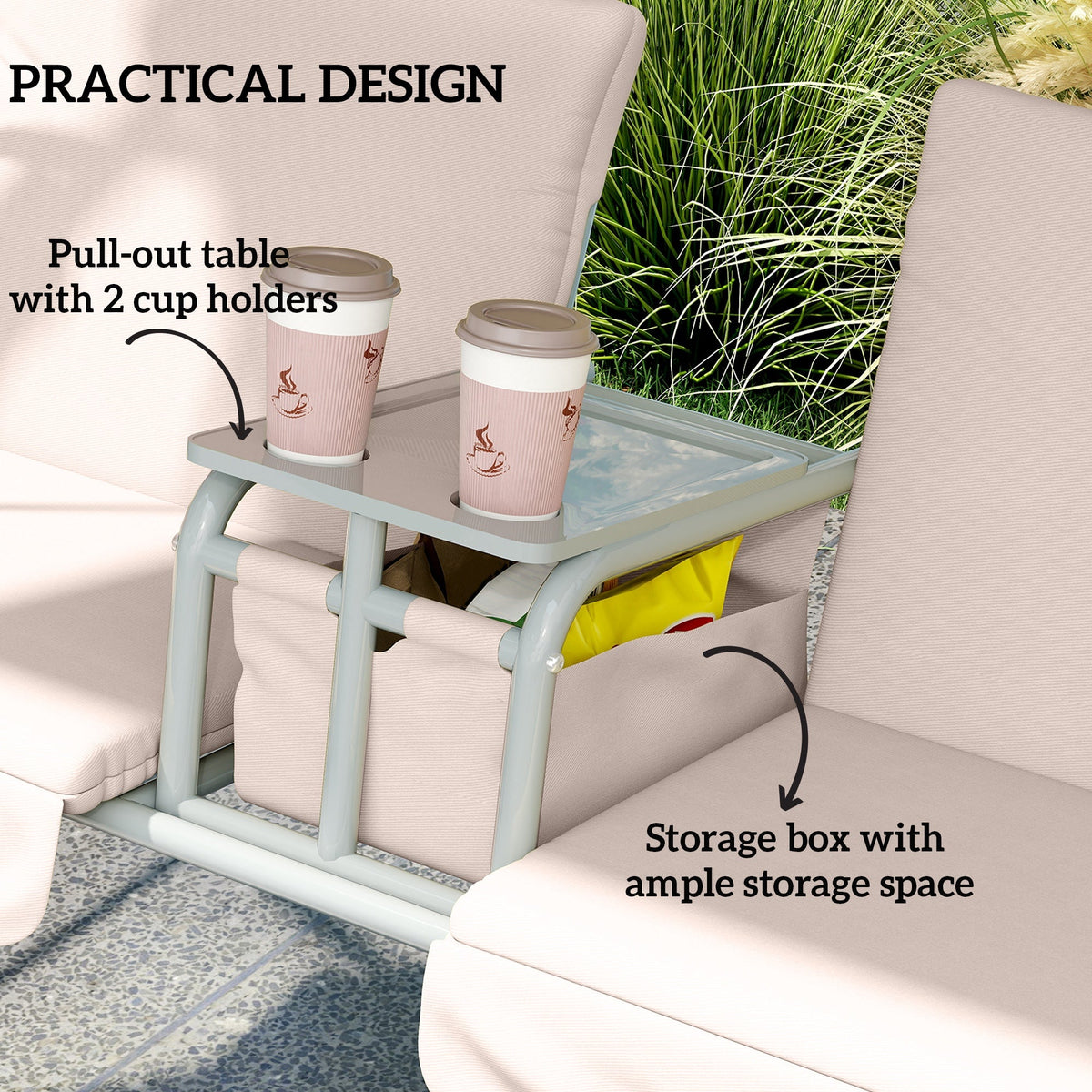 2 Seater Garden Swing Chair with Tilting Canopy, Tray & Storage Bag, Beige — product view 7
