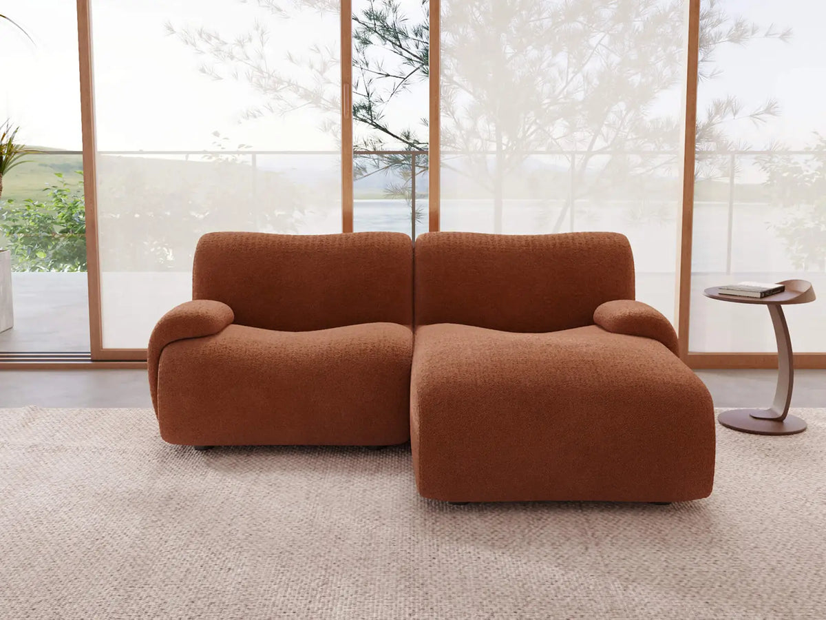 Teddy Fleece 2-Seater Rust Red Small Space Chaise Sectional | 2-Piece, Modular Design, Fixed Upholstery, Low Pillow Arm — product view 1