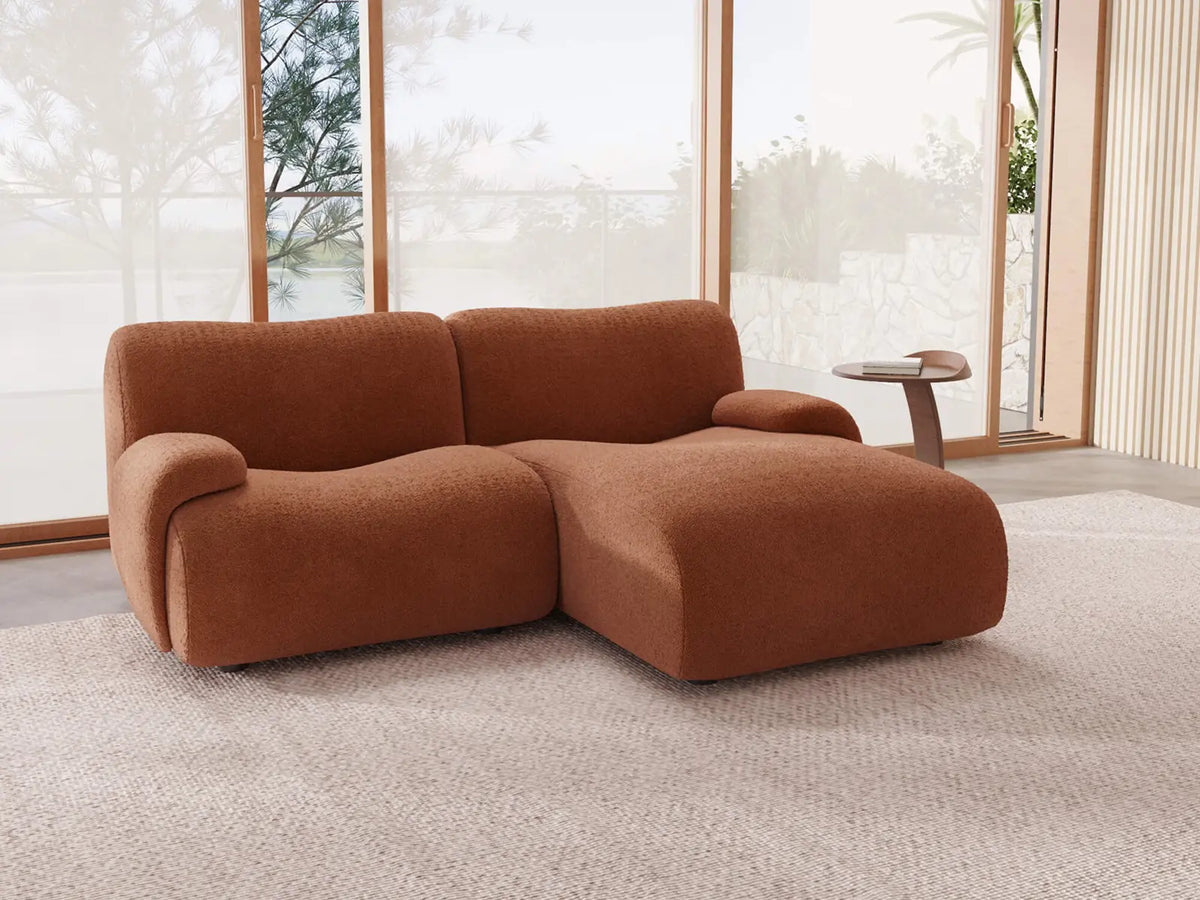 Teddy Fleece 2-Seater Rust Red Small Space Chaise Sectional | 2-Piece, Modular Design, Fixed Upholstery, Low Pillow Arm — product view 2