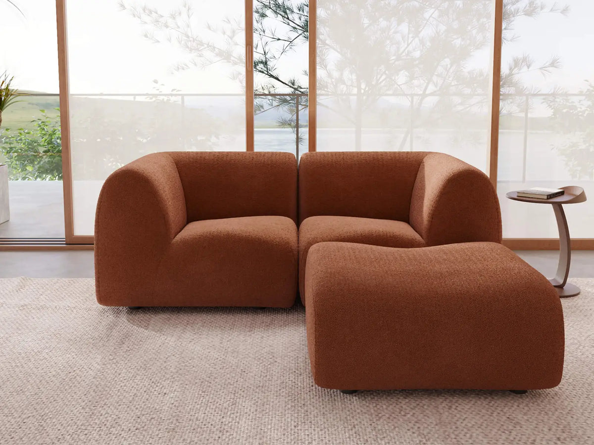 Teddy Fleece 2-Seater Rust Red Small Space Chaise Sectional | 3-Piece (Includes 1 Ottoman), Modular Design, Fixed Upholstery, Low Pillow Arm — product view 1