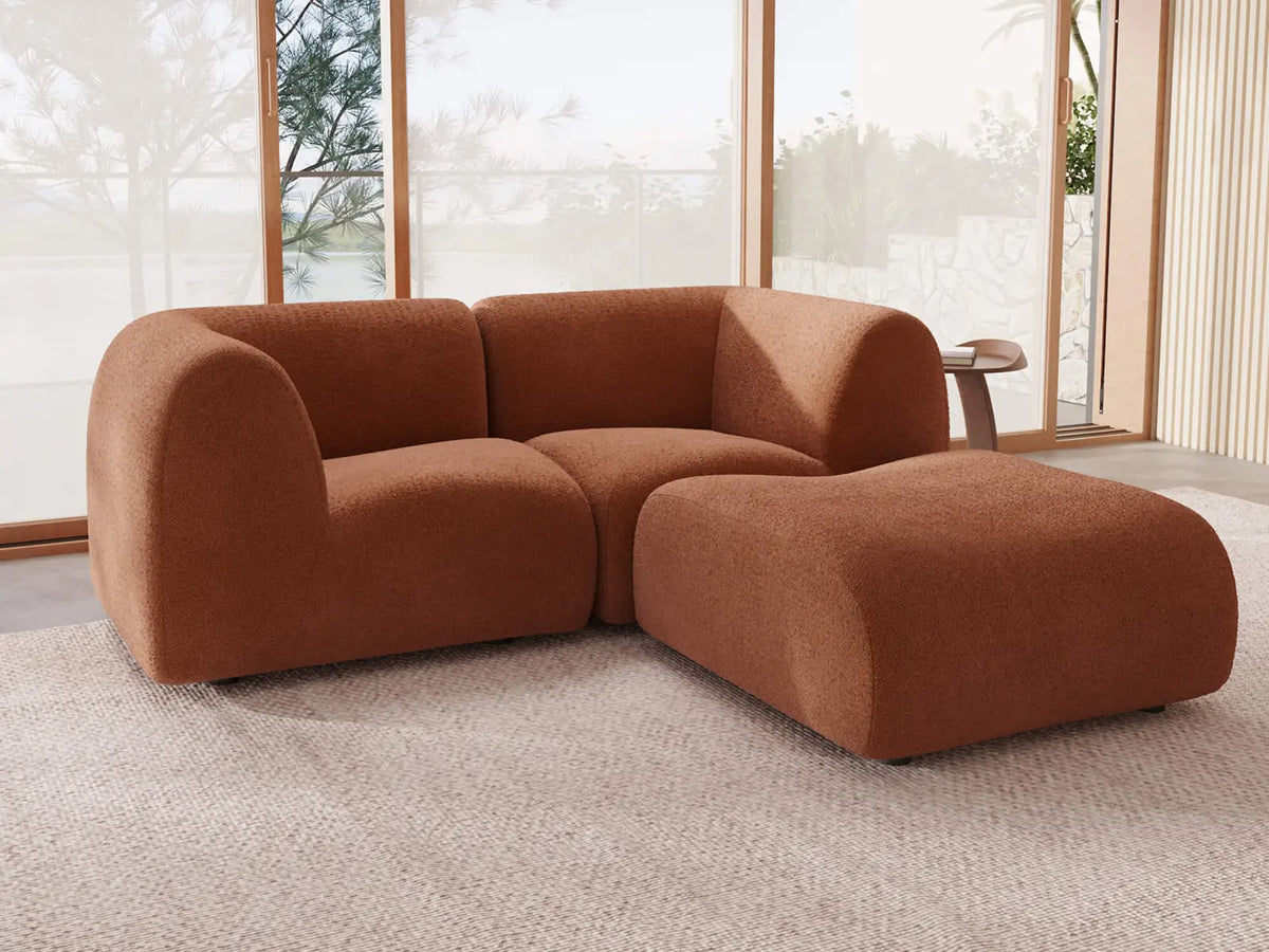 Teddy Fleece 2-Seater Rust Red Small Space Chaise Sectional | 3-Piece (Includes 1 Ottoman), Modular Design, Fixed Upholstery, Low Pillow Arm — product view 2