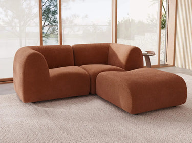 Teddy Fleece 2-Seater Rust Red Small Space Chaise Sectional | 3-Piece (Includes 1 Ottoman), Modular Design, Fixed Upholstery, Low Pillow Arm