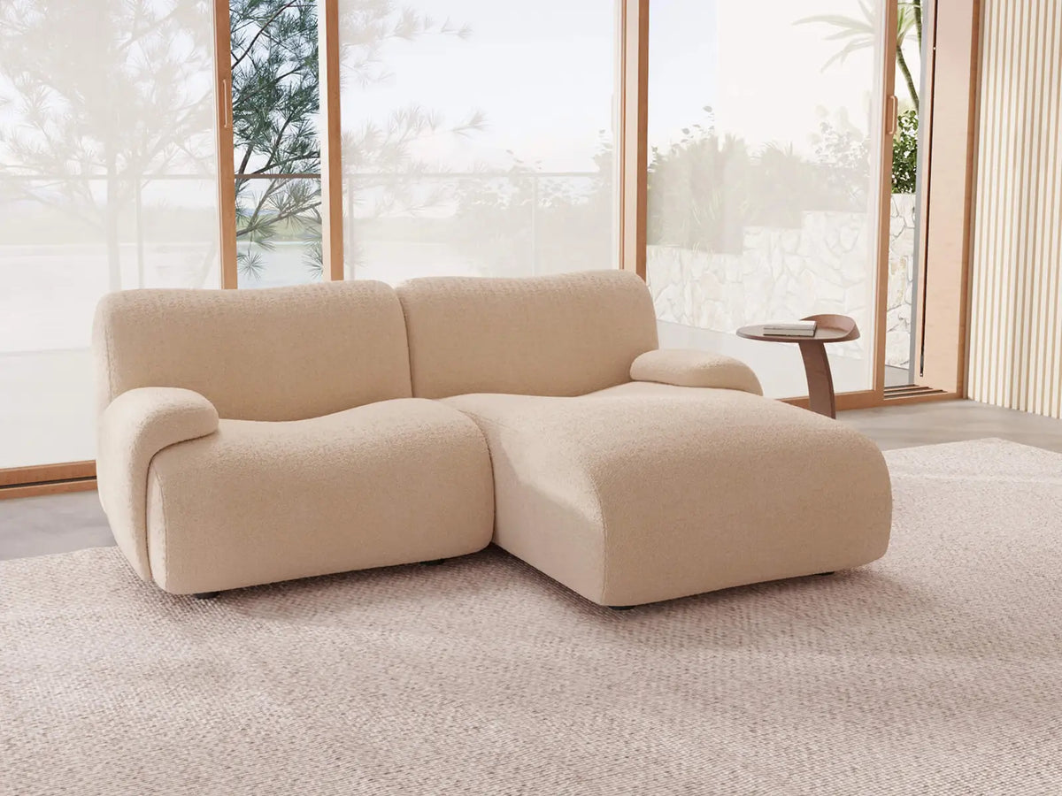 Teddy Fleece 2-Seater Sand Small Space Chaise Sectional | 2-Piece, Modular Design, Fixed Upholstery, Low Pillow Arm — product view 2