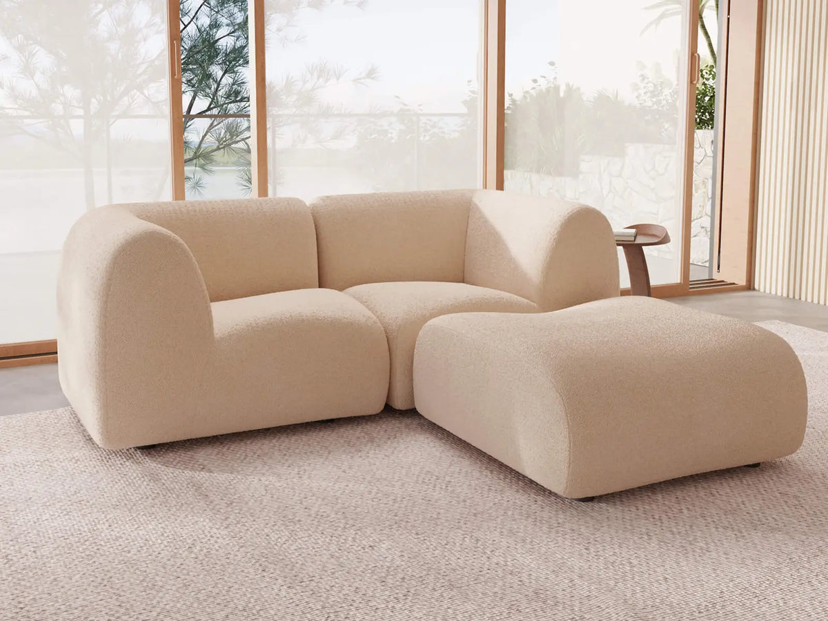 Teddy Fleece 2-Seater Sand Small Space Chaise Sectional | 3-Piece (Includes 1 Ottoman), Modular Design, Fixed Upholstery, Low Pillow Arm — product view 2