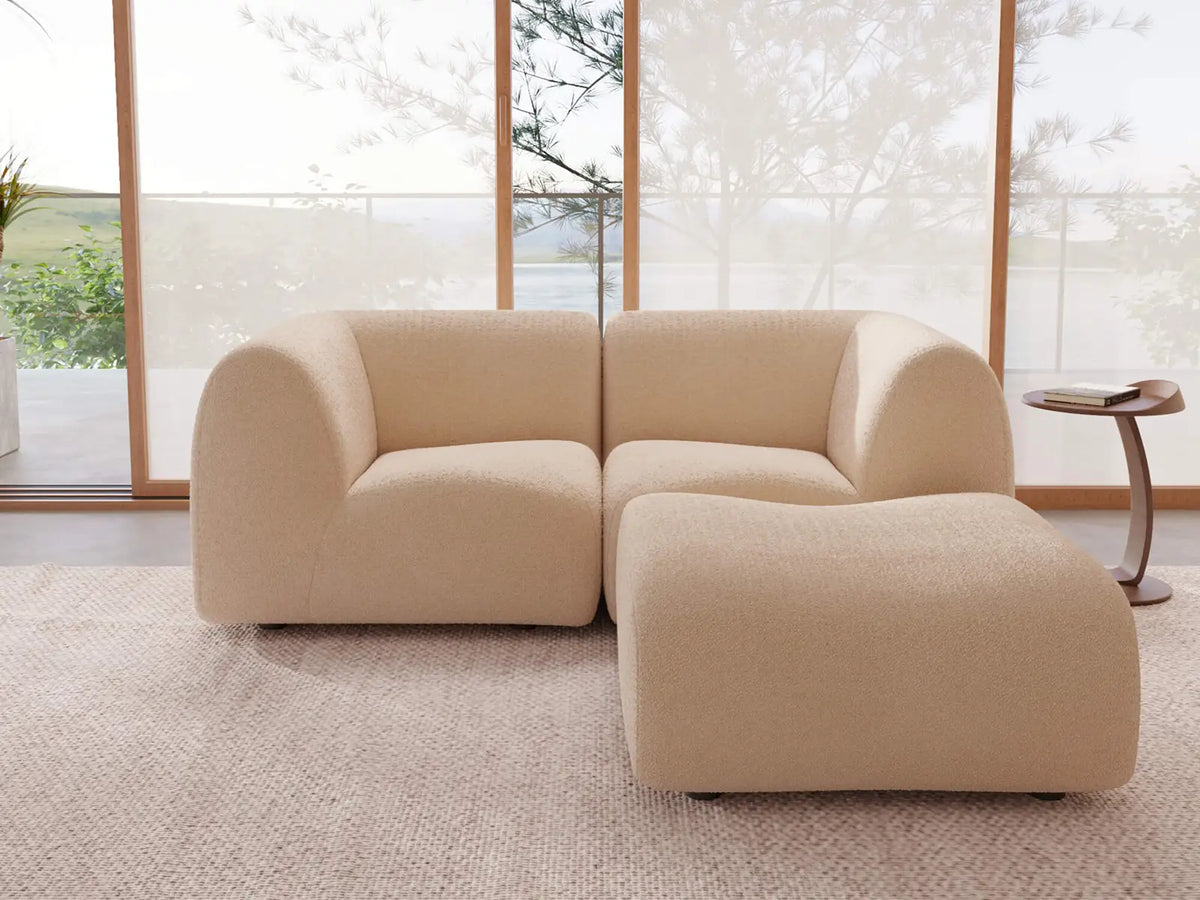 Teddy Fleece 2-Seater Sand Small Space Chaise Sectional | 3-Piece (Includes 1 Ottoman), Modular Design, Fixed Upholstery, Low Pillow Arm — product view 1