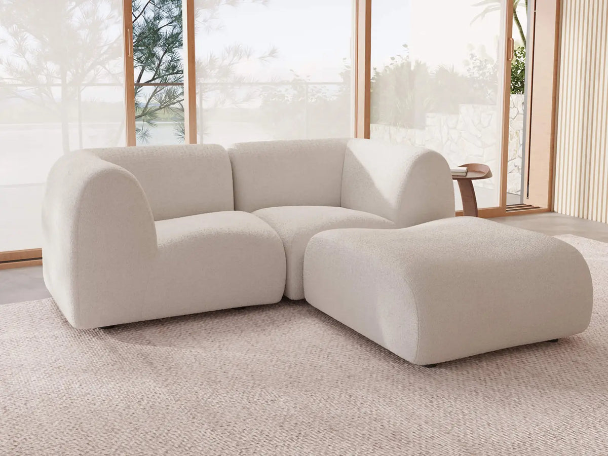Teddy Fleece 2-Seater White Small Space Chaise Sectional | 3-Piece (Includes 1 Ottoman), Modular Design, Fixed Upholstery, Low Pillow Arm — product view 2