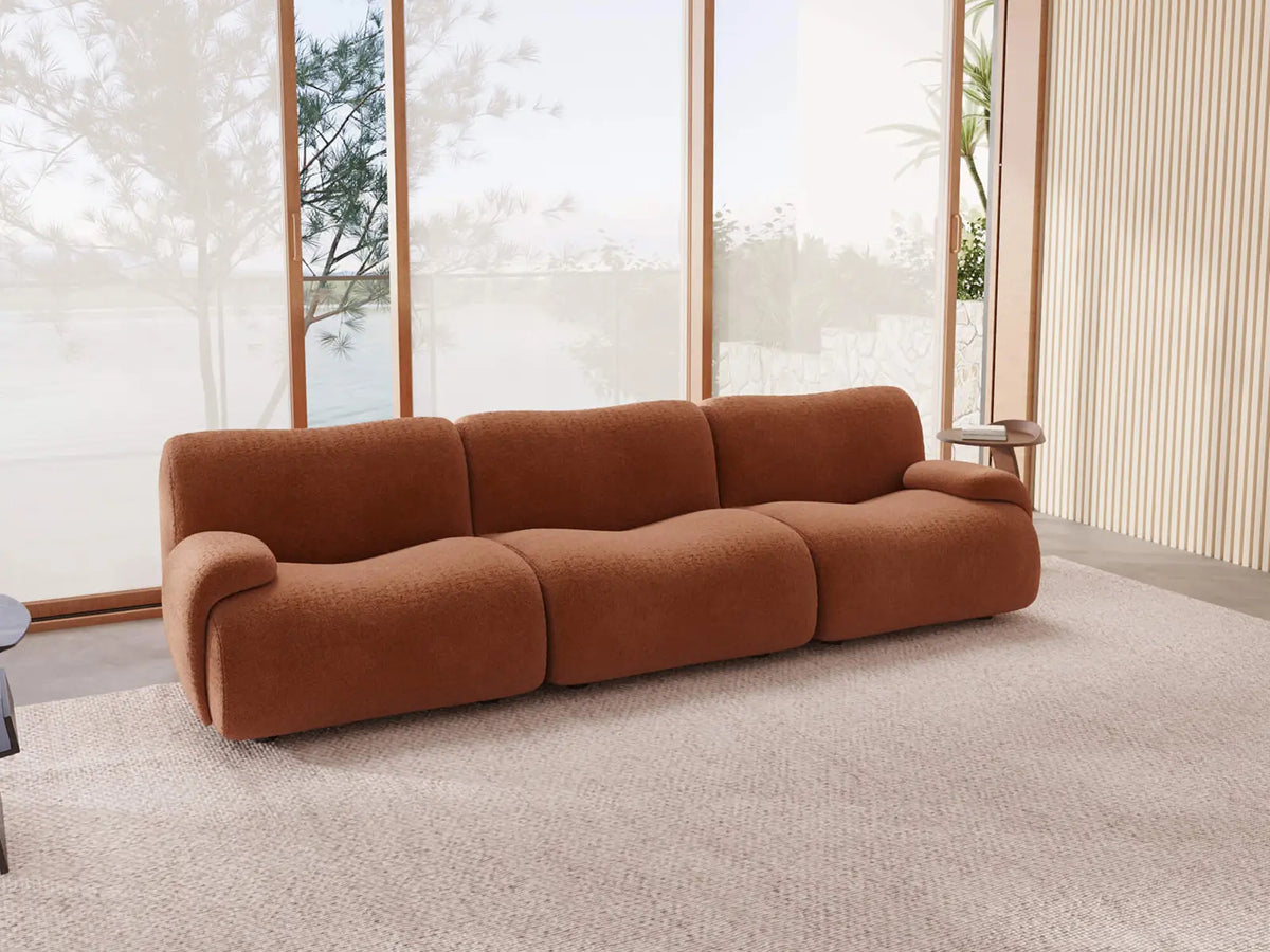 Teddy Fleece 3-Seater Rust Red Small Space Couch Sectional | 3-Piece, Modular Design, Fixed Upholstery, Low Pillow Arm — product view 2