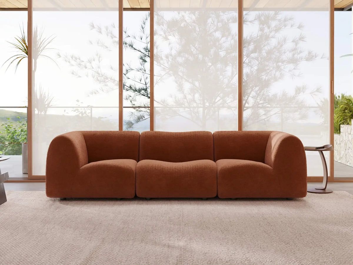 Teddy Fleece 3-Seater Rust Red Small Space Couch Sectional | 3-Piece, Modular Design, Fixed Upholstery, Low Pillow Arm — product view 1