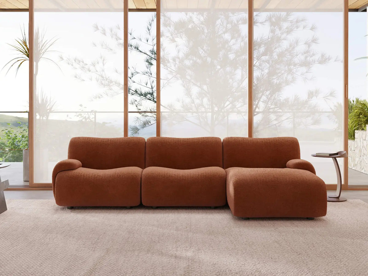 Teddy Fleece 3-Seater Rust Red Small Space L-Shaped Sectional | 3-Piece, Modular Design, Fixed Upholstery, Low Pillow Arm — product view 1
