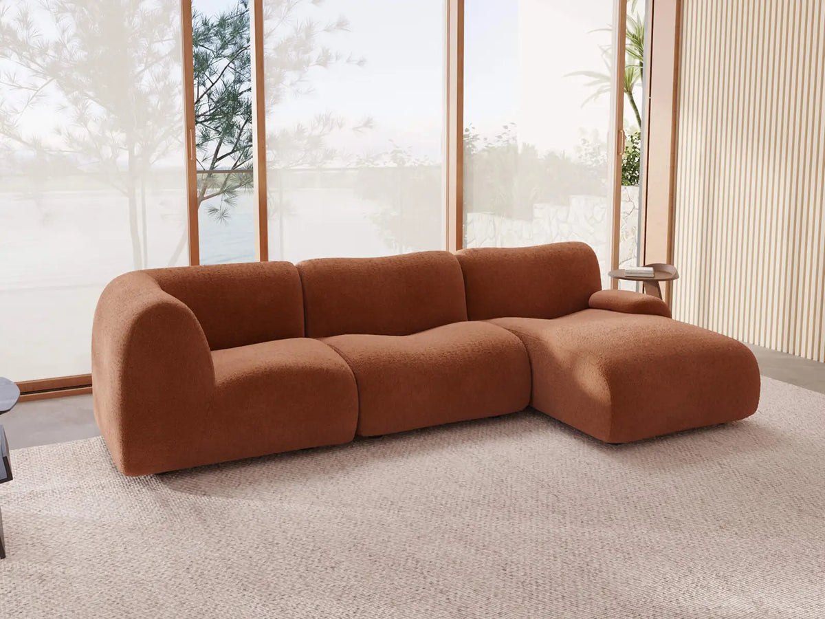 Teddy Fleece 3-Seater Rust Red Small Space L-Shaped Sectional | 3-Piece, Modular Design, Fixed Upholstery, Low Pillow Arm — product view 2
