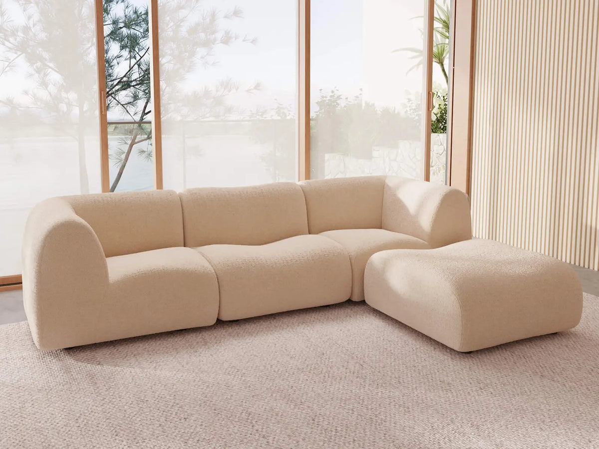Teddy Fleece 3-Seater Sand Large Space L-Shaped Sectional | 4-Piece (Includes 1 Ottoman), Modular Design, Fixed Upholstery, Low Pillow Arm — product view 2