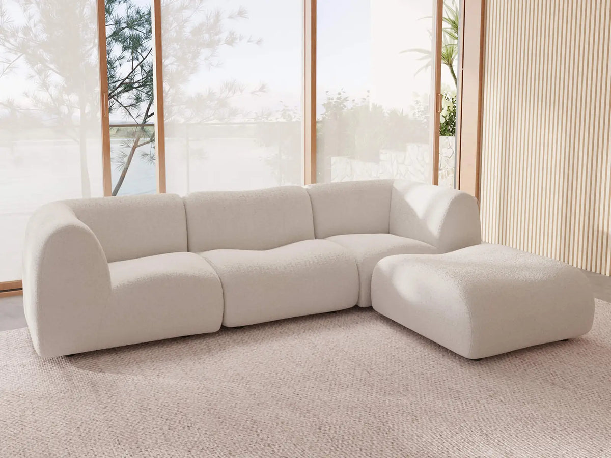 Teddy Fleece 3-Seater White Large Space L-Shaped Sectional | 4-Piece (Includes 1 Ottoman), Modular Design, Fixed Upholstery, Low Pillow Arm — product view 2