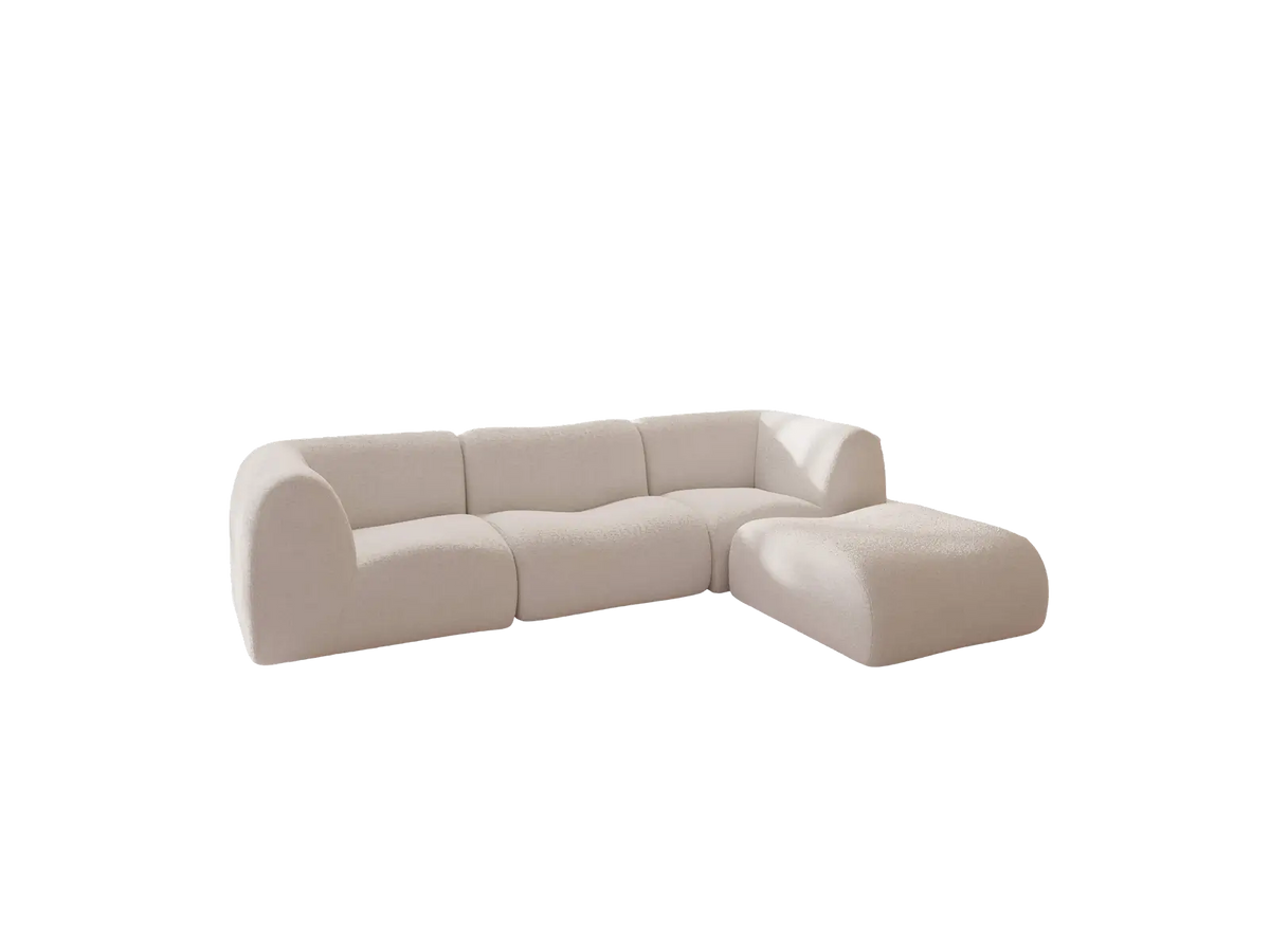 Teddy Fleece 3-Seater White Large Space L-Shaped Sectional | 4-Piece (Includes 1 Ottoman), Modular Design, Fixed Upholstery, Low Pillow Arm — product view 4