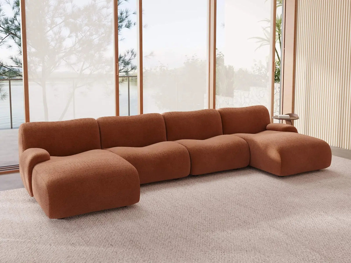 Teddy Fleece 4-Seater Rust Red Large Space U-Shaped Sectional | 4-Piece, Modular Design, Fixed Upholstery, Low Pillow Arm — product view 2