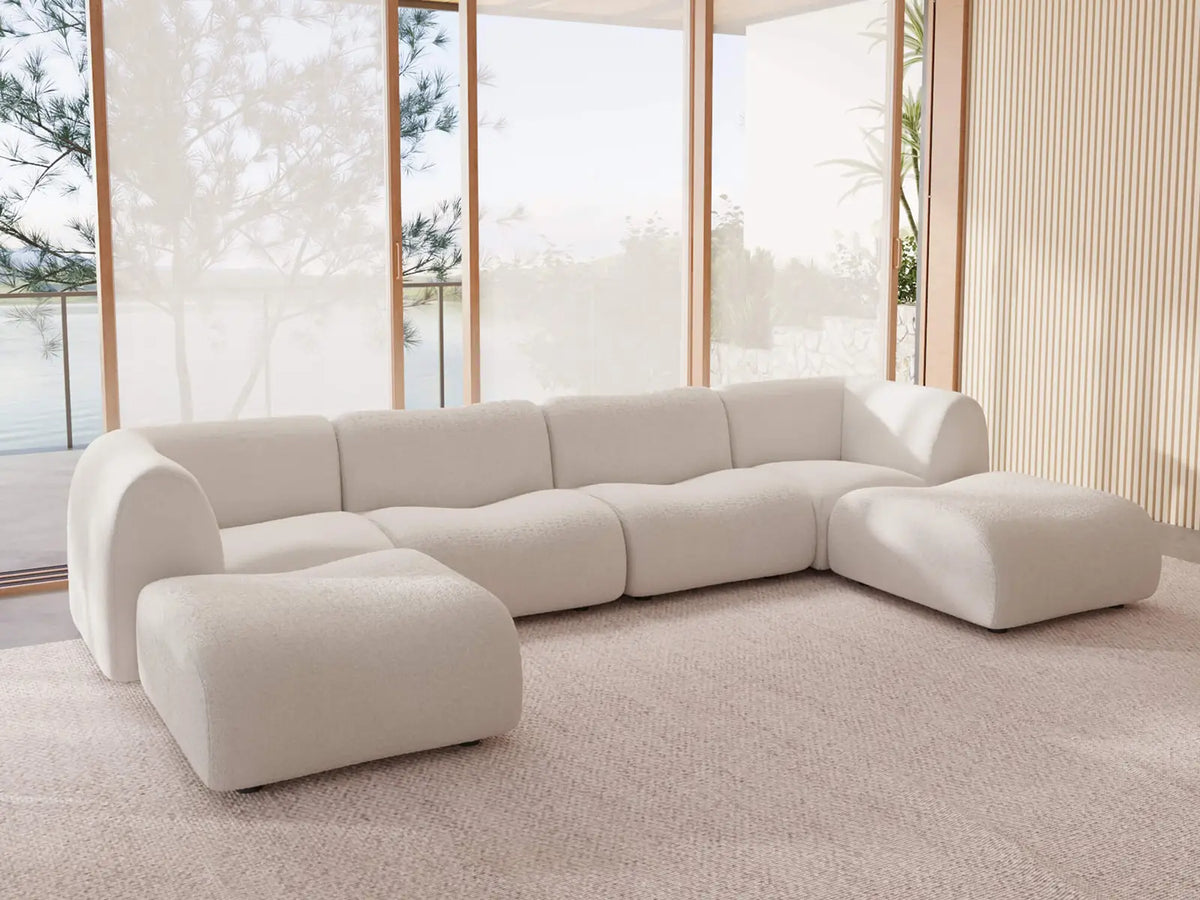 Teddy Fleece 4-Seater White Large Space U-Shaped Sectional | 6-Piece (Includes 2 Ottomans), Modular Design, Fixed Upholstery, Low Pillow Arm — product view 2