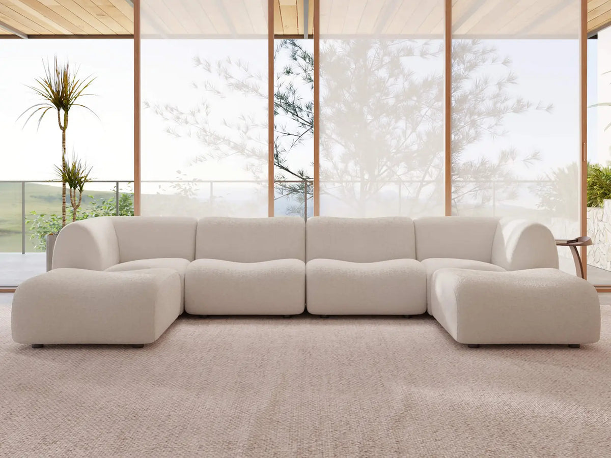 Teddy Fleece 4-Seater White Large Space U-Shaped Sectional | 6-Piece (Includes 2 Ottomans), Modular Design, Fixed Upholstery, Low Pillow Arm — product view 1