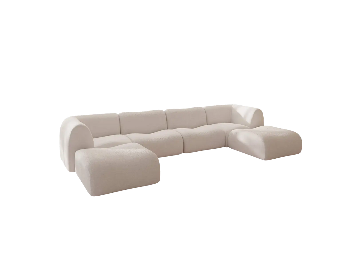 Teddy Fleece 4-Seater White Large Space U-Shaped Sectional | 6-Piece (Includes 2 Ottomans), Modular Design, Fixed Upholstery, Low Pillow Arm — product view 4