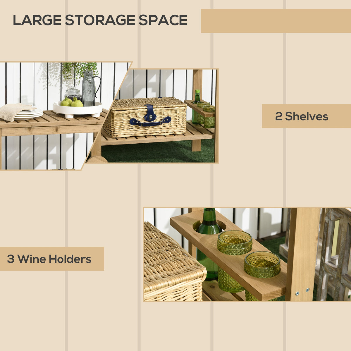 Wood Outdoor Bar Cart with 2 Shelves and Wine Holders, Natural — product view 6