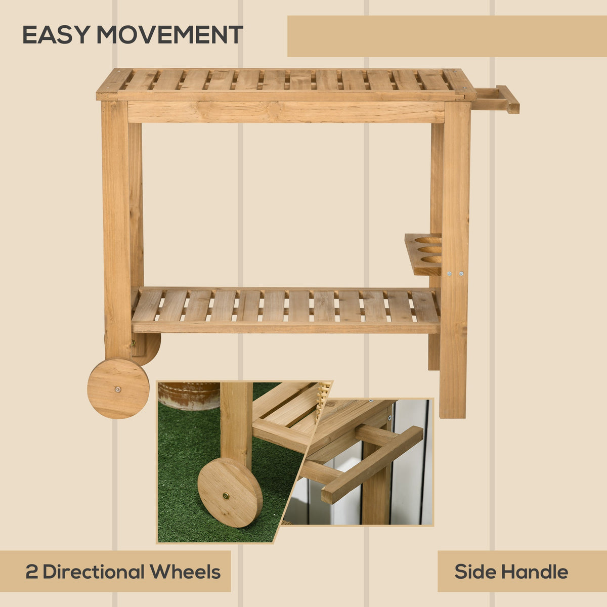Wood Outdoor Bar Cart with 2 Shelves and Wine Holders, Natural — product view 7