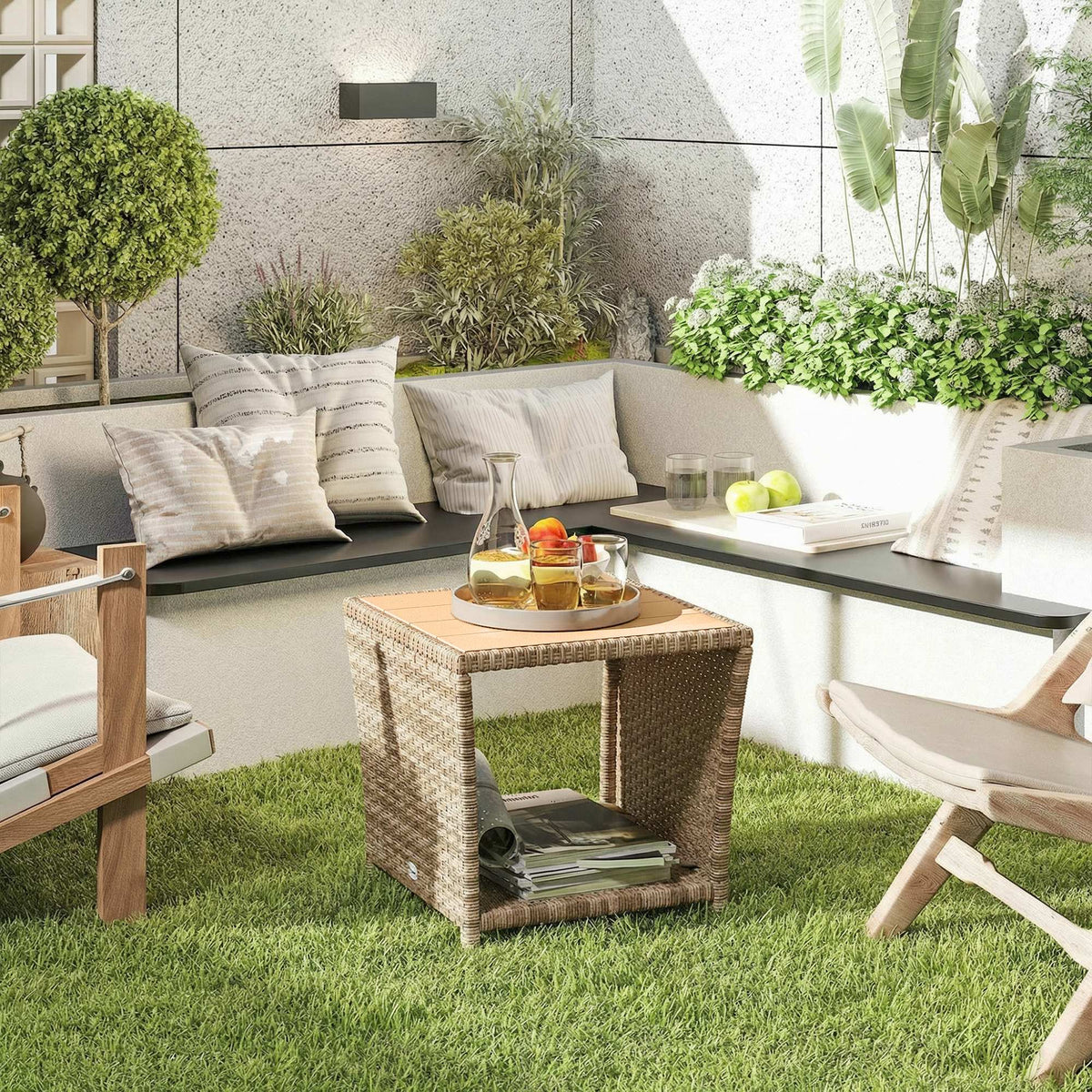 2-Tier PE Rattan Side Table with Storage Shelf, Khaki — product view 3