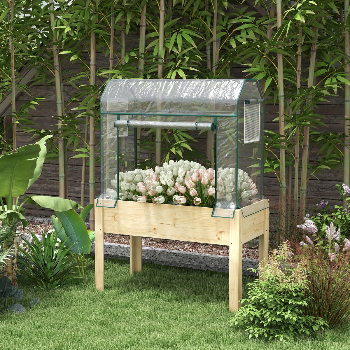 Raised Garden Bed with Plastic Greenhouse Cover & Liner for Herbs and Vegetables, 45" x 24" x 65" Natural — product view 3