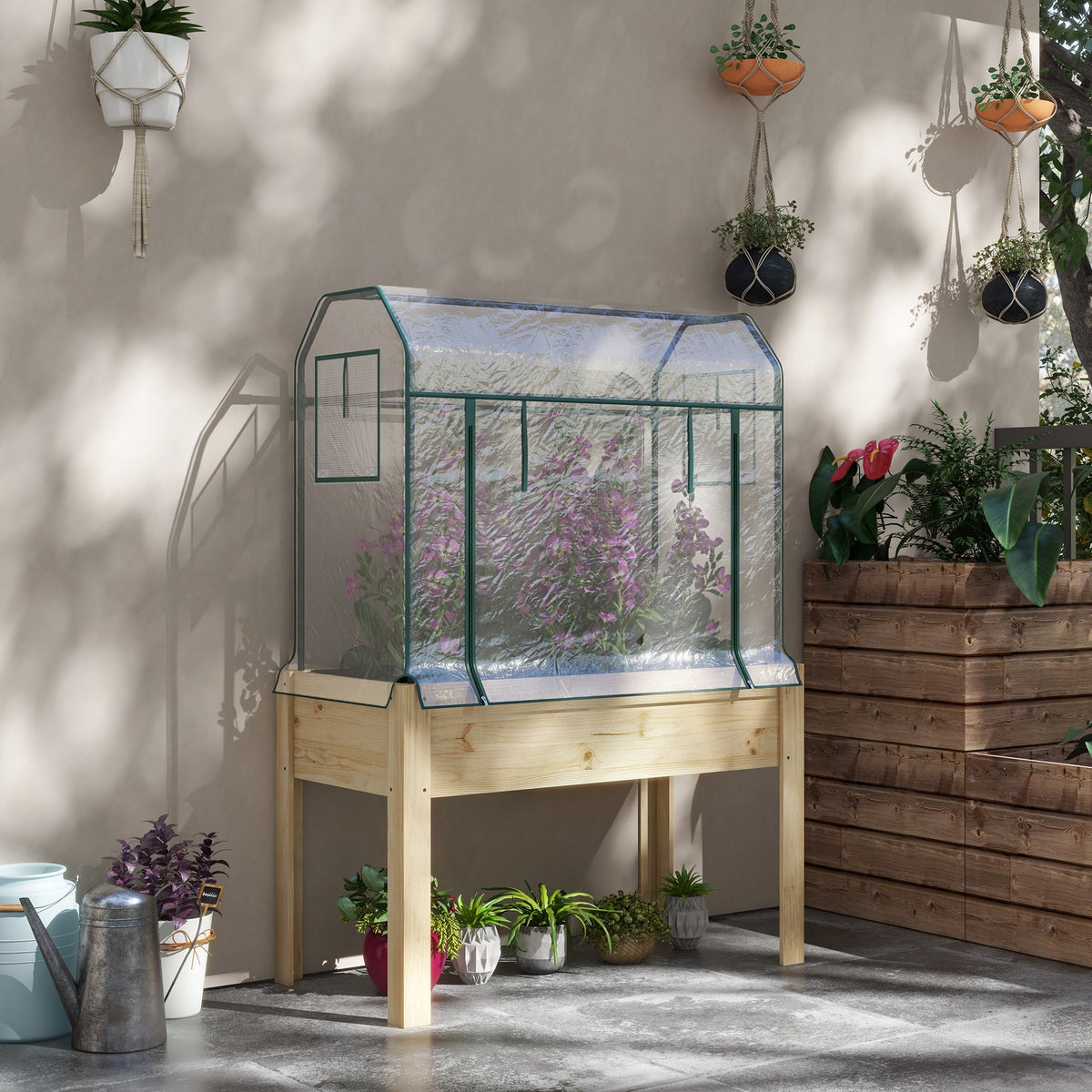 Raised Garden Bed with Plastic Greenhouse Cover & Liner for Herbs and Vegetables, 45" x 24" x 65" Natural — product view 4