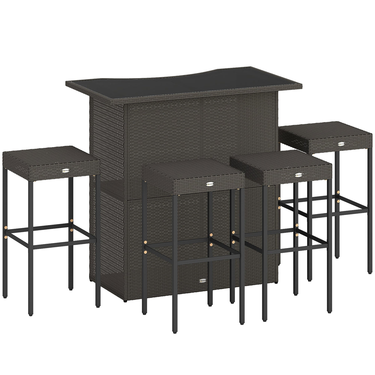 5 Piece Outdoor Wicker Bar Set with Glass Top Table and 4 Stools, Dark Brown — product view 1