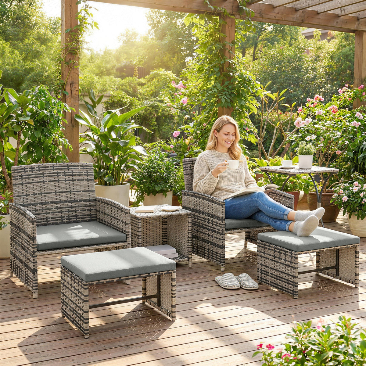 6 Piece Rattan Garden Furniture Set with 2 Nesting Tables, Grey — product view 3