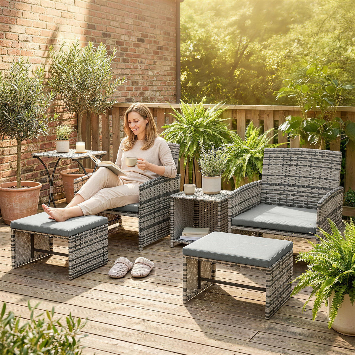6 Piece Rattan Garden Furniture Set with 2 Nesting Tables, Grey — product view 4