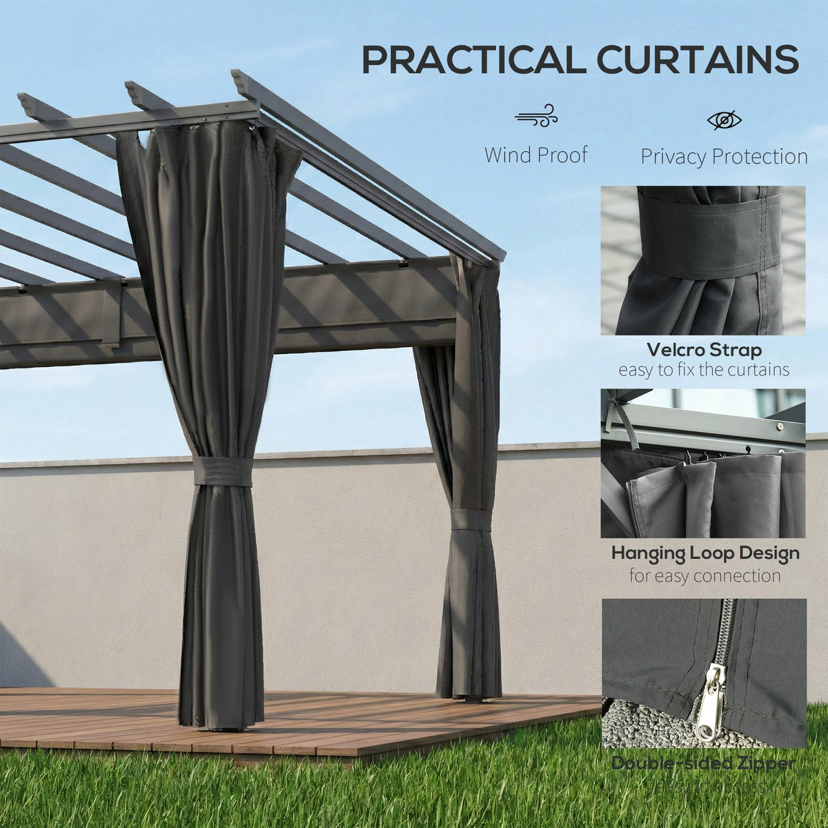3.6 x 3 m Pergola with Retractable Roof and Curtains, Dark Grey — product view 7