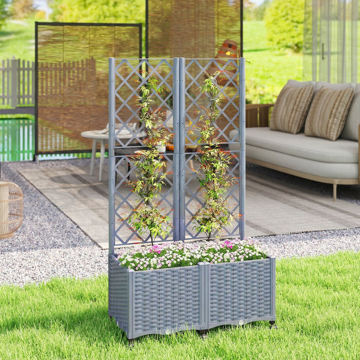 56.3" Self-Watering Planter Box with Trellis and Wheels, Gray — product view 3