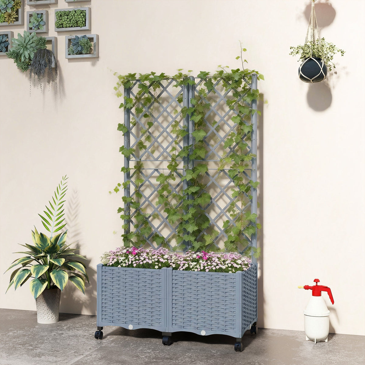 56.3" Self-Watering Planter Box with Trellis and Wheels, Gray — product view 4