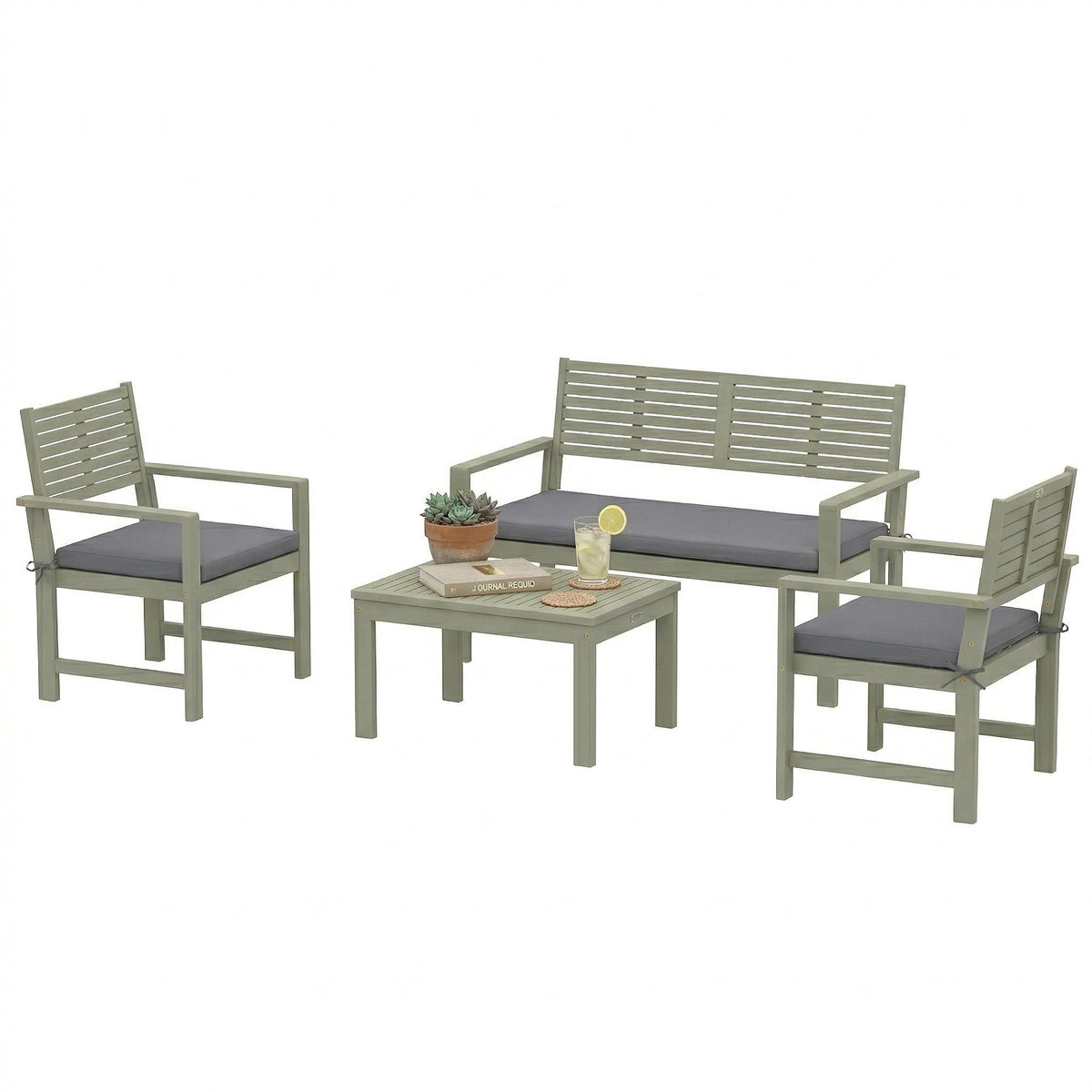 4-Seater Acacia Garden Set with Loveseat, 2 Chairs & Wood Table, Light Grey — product view 2