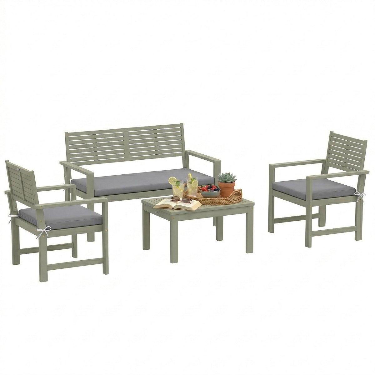 4-Seater Acacia Garden Set with Loveseat, 2 Chairs & Wood Table, Light Grey — product view 1