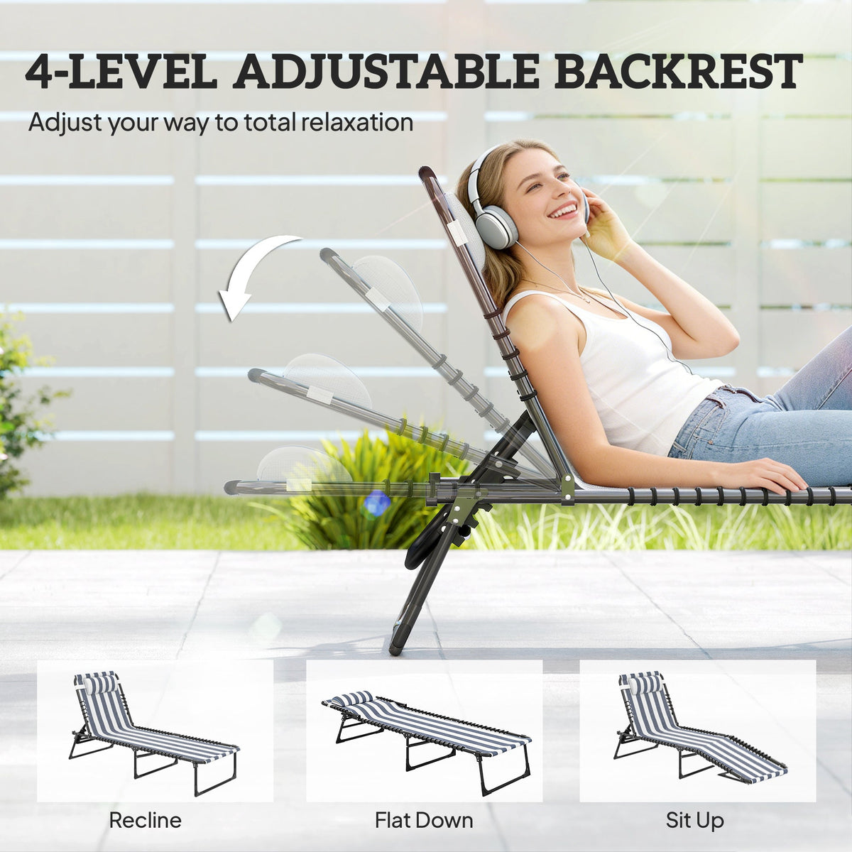 Folding Chaise Lounge Chair with 4-Position Reclining Back for Beach, Poolside, Yard, Blue and White — product view 6