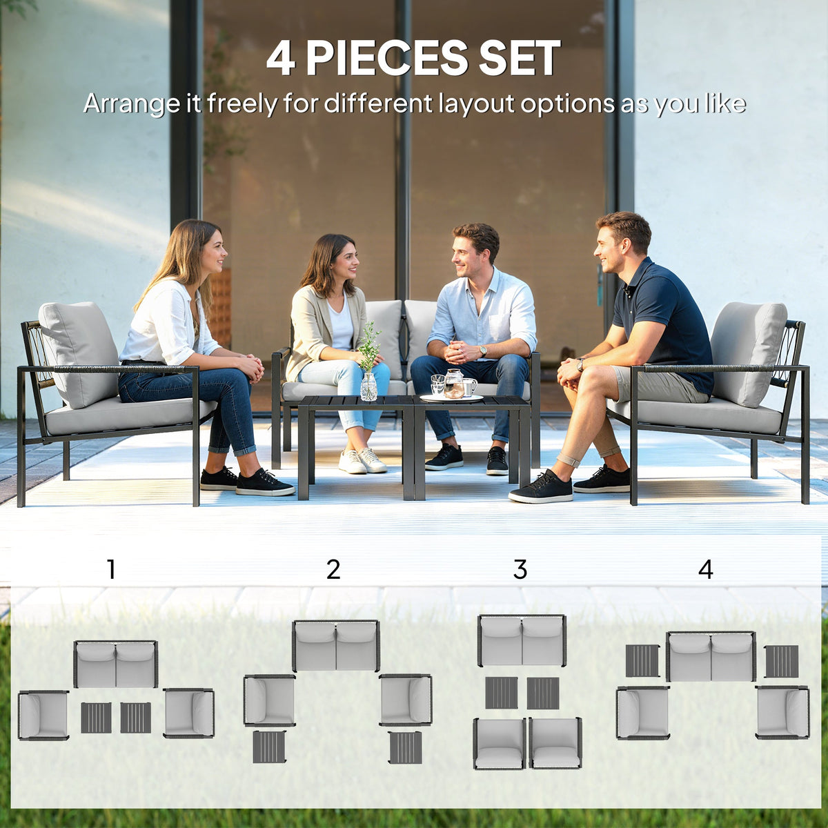5 Piece Metal Garden Sofa Set with Loveseat, Armchairs & Tables, Light Grey — product view 6